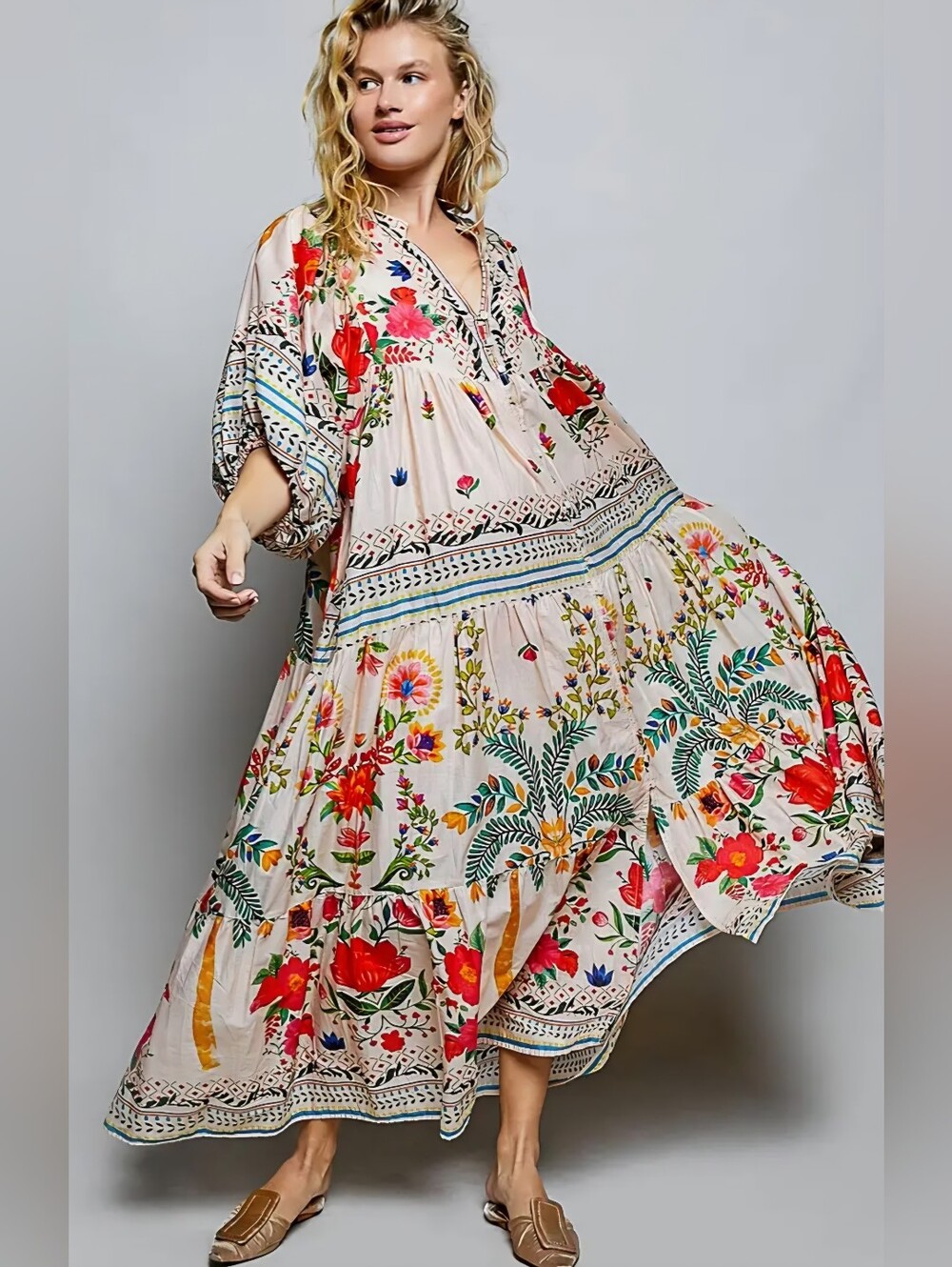 POL Cream Maxi Dress with Red & Green Floral Print